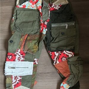 DSQUARED2 Patchwork Cargo Pants in Olive Green, Red Floral & Tan Accents